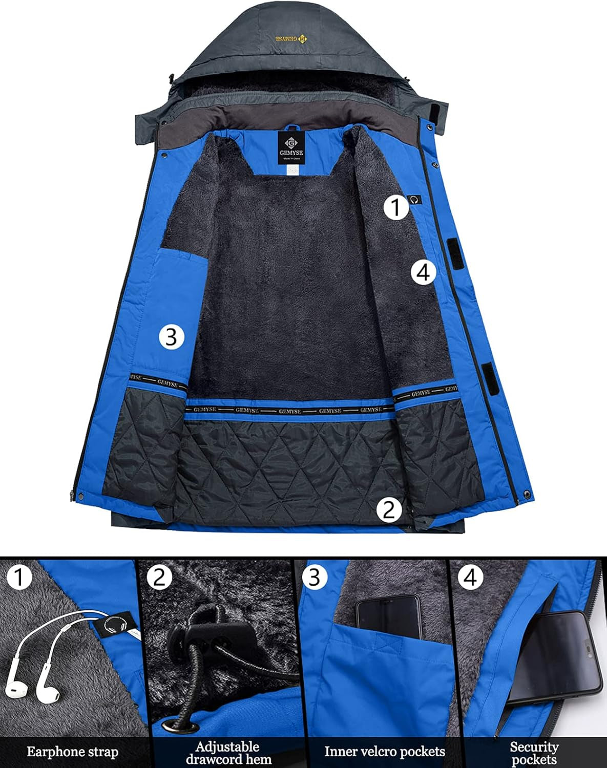 Men'S Windproof Ski Jacket Warm Raincoats Snowboarding Hooded Parka with Multi-Pockets