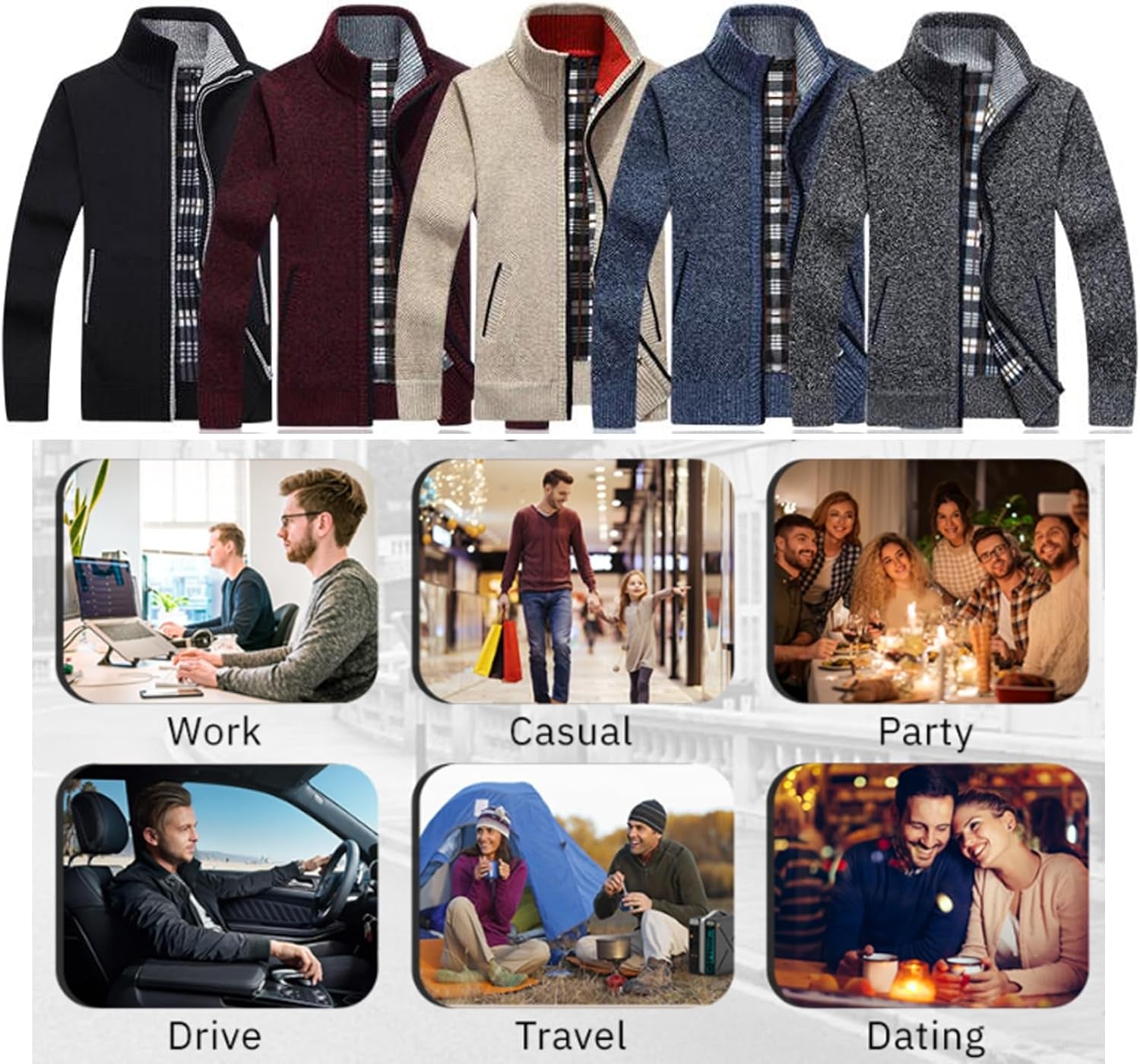 Men'S Sweaters Full Zip Slim Thick Knitted Cardigan Sweaters Jacket with Pockets